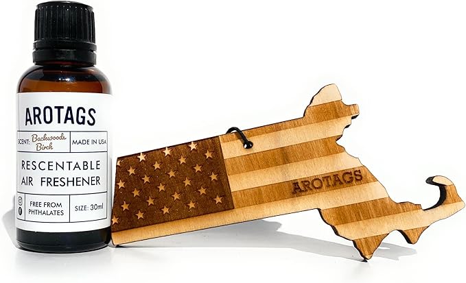Arotags Car Air Freshener - Reusable Wood Diffuser - Hanging Odor Eliminator - Massachusetts Patriot - Balsam &amp Cedar Scent