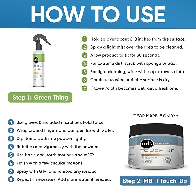 MB Stone Care Sample Kit - MB-11 Marble Etch Remover for Light to Neutral Colored Calcite Based Stone GT-1 Green Thing MB-24 Barrier Sealer Finito Finishing Spray Microfiber Towels