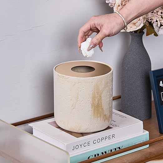Natural Travertine Textures Mini Trash Can with Rose Gold Stainless Steel Lid Mini Countertop Trash Can for Bathroom Kitchen Desk or Table top Mini Garbage Can Resin Tiny Waste Basket for Vanity