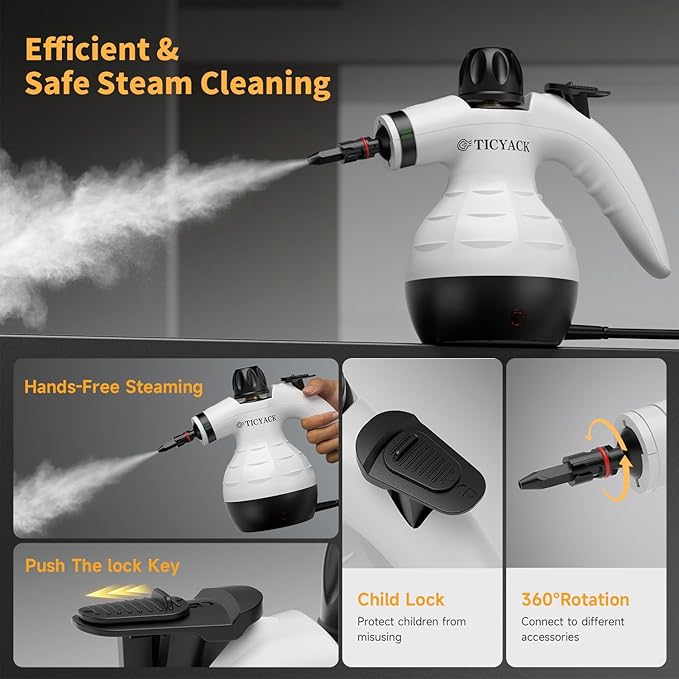 Steam Cleaner Handheld Steam Cleaner for Home 16-Piece Steam Cleaner Kit with Automatic Steam Switch Steamer for Kitchen Bathroom Living Room and Multi-Surface Deep Cleaning (White/Black)