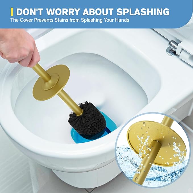 UPTRONIC Toilet Brush Aluminum Alloy Toilet Brush and Holder Set with Long Handle Durable Bristles Toilet Bowl Brush and Covered Holder for Toilet Scrubber for Bathroom Cleaning (2 Gold)