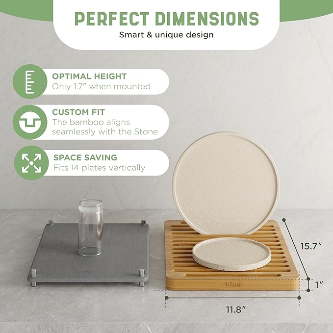 NIUM Stone Drying Mat for Kitchen Counter &amp Bamboo Rack - 16″x12″ - Diatomaceous Earth Dish drying mat Ultra Absorbent &amp Fast Drying - EcoFriendly with Non-Slip Pads &amp Anti-Moisture Design