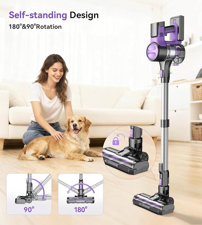 S10 Cordless Vacuum Cleaner 55Kpa 60mins Lightweight Stick Vacuum with Powerful Suction for Home Rechargeable Self-Standing Handheld Vacuum Cleaners for Hardwood Floors Carpets Purple