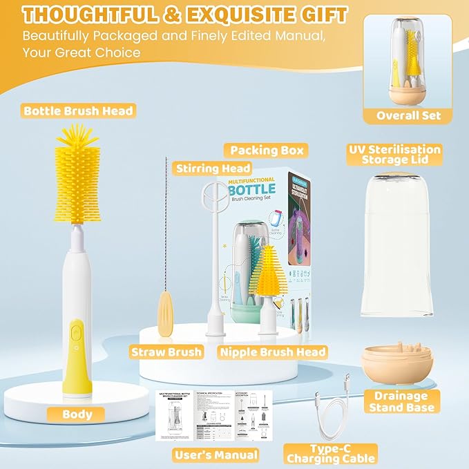 IvyWind Electric Travel Baby Bottle Brush Set with Storage Box Automatic Bottle Cleaner Brush Kit with Silicone Bottle/Nipple/Straw BrushMilk Frother Electric and Drainage Rack Rechargeable Yellow
