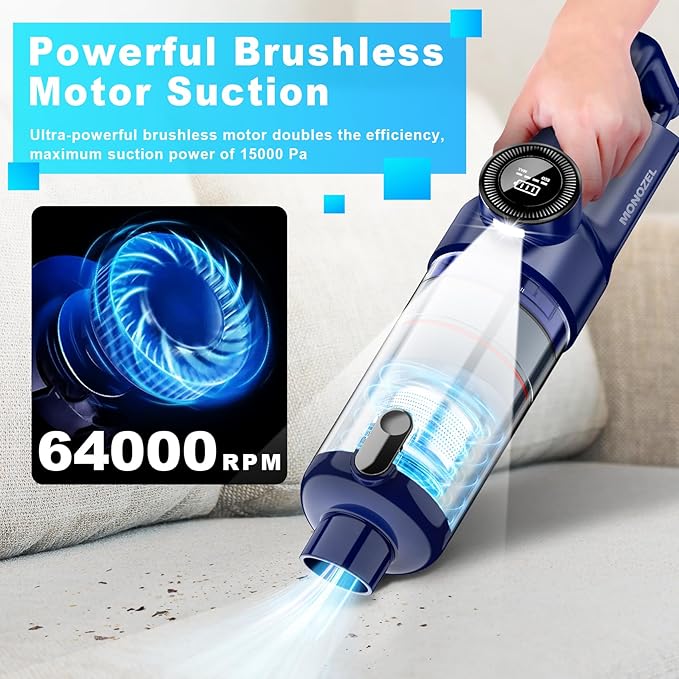 Handheld Vacuum Cordless - Car Vacuum Cleaner with Brushless Motor 15kPa Powerful Suction Vacuum with LED Light Type C Port 2 Fliters Portable Hand Vacuum for Home Pet and Car