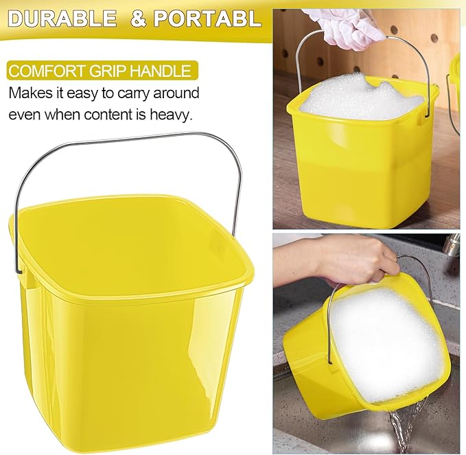 Zhehao 6 Pcs 3 Quart Bucket for Cleaning Small Sanitizer Bucket for Restaurant Square Plastic Pail with Handles for Home Offices Commercial Use Food Service(Yellow)