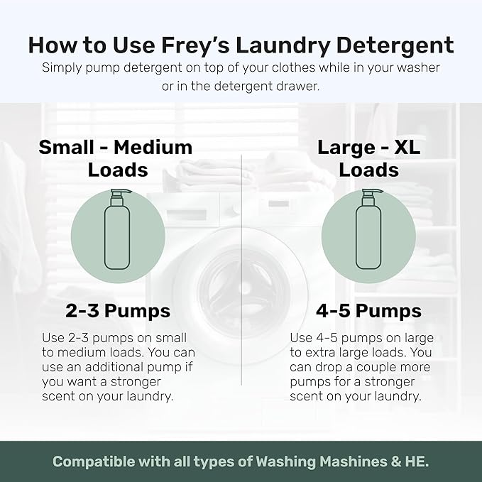 FREY Concentrated Liquid Laundry Detergent | Formulated for Sensitive Skin &amp HE Washers | Removes Stains Effectively | 50 Loads per Bottle (1-pack Cedar Grove)