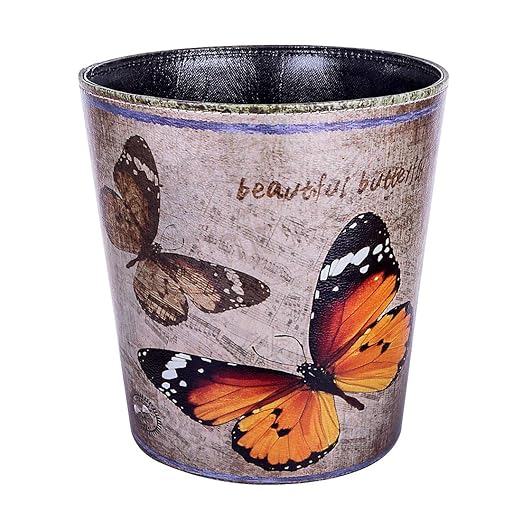 10L/2.64 Gallon Trash Can Decorative Waste Basket PU Leather Waste Paper Basket Waterproof Garbage Can for Bathroom Bedroom Office Kitchen and Living Room - Orange and Black Butterfly