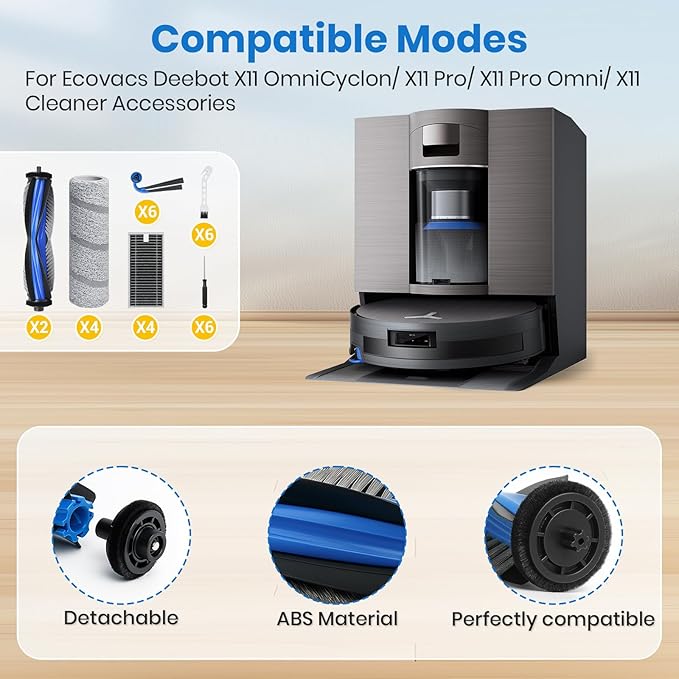 X11 Replacement Parts for Ecovacs Deebot X11 OmniCyclone X11 Pro Omni X11 Pro X11 Vacuum Robotic Parts with 2 Roller Brush4 Mop4 HEAP6 Side Brushes1 Screwdriver1 Clean Brush