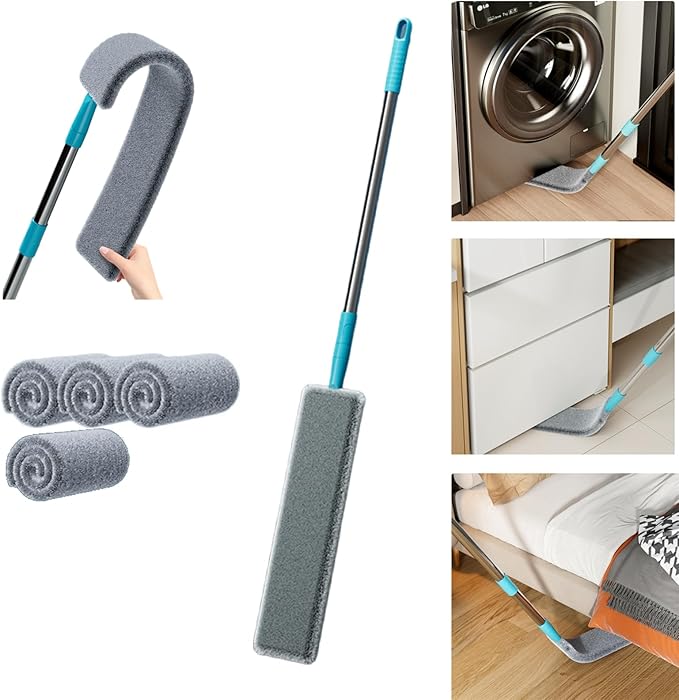 2026 Upgraded Retractable Gap Dust Cleaner Flat Duster with Extension Pole (60in) Gap Mop for Under Appliances Under Fridge Cleaning Tool with 4 Microfiber Duster Cloths