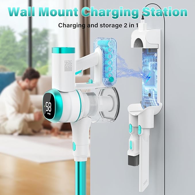 Tikom V500 Cordless Vacuum Cleaner for Home 40000Pa/450W Stick Vacuum with LED Touch Screen Charging Wall Dock Anti-Tangle Lightweight Handheld Vacuum for Pet Hair Hard Floor Carpet Blue