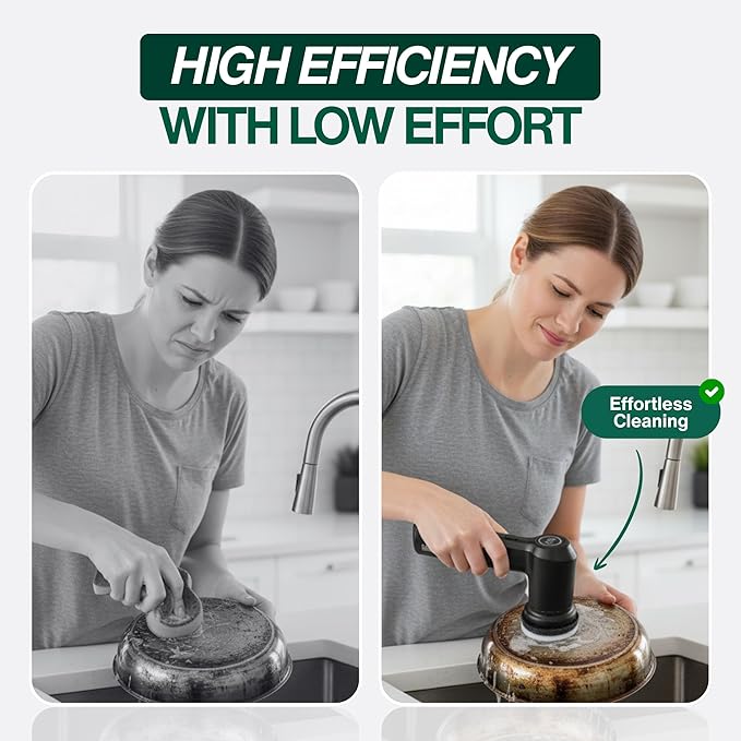 Electric Spin Scrubber – Handheld &amp Ergonomic IPX7 Waterproof 4 Multi-Purpose Brush Heads Long-Lasting Rechargeable Battery – Cleans Dishes Bathroom Tile Grout &amp Kitchen (Black)