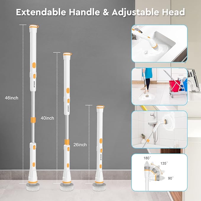 Electric Spin Scrubber KIKOLIN 380RPM High Speed Power Scrubber Cordless Cleaning Brush 2 Speeds for Bathroom Tub Shower Floor with 4 Replaceable Brush Heads and Adjustable Extension Long Handle