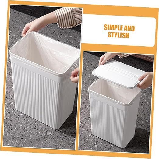 Press Lid Trash Can Large White Square Plastic Wastebasket with Covered Lid for Bathroom Kitchen Household Portable Small Trash Bin for Home Organization