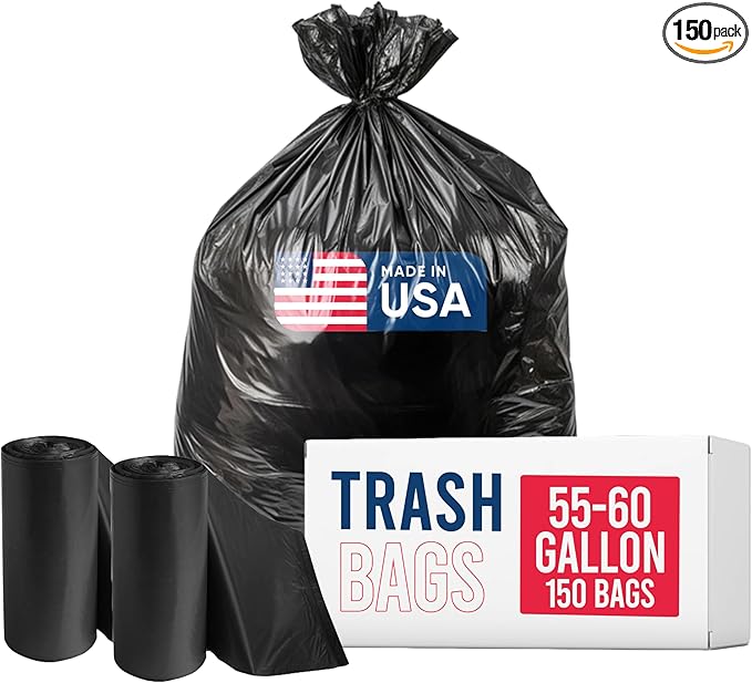 Extra Large 55-60 Gallon Trash Bags | 22 Micron Thickness - 150 Count Heavy Duty Black Garbage Bags for Office Lawn Events and More | Durable Leakproof Star Seal | Made in USA