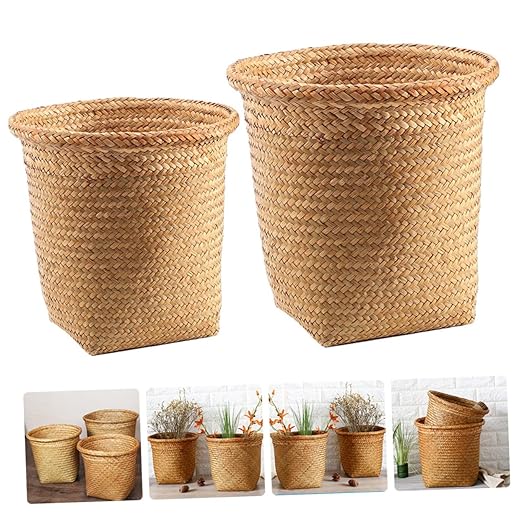 ARTIBETTER 2pcs Seagrass Waste Basket Woven Trash Can Garbage Container Bin Wicker Rattan Laundry Hamper Plant Pot Holder Sundries Storage Basket for Kitchen Bathroom Home Office