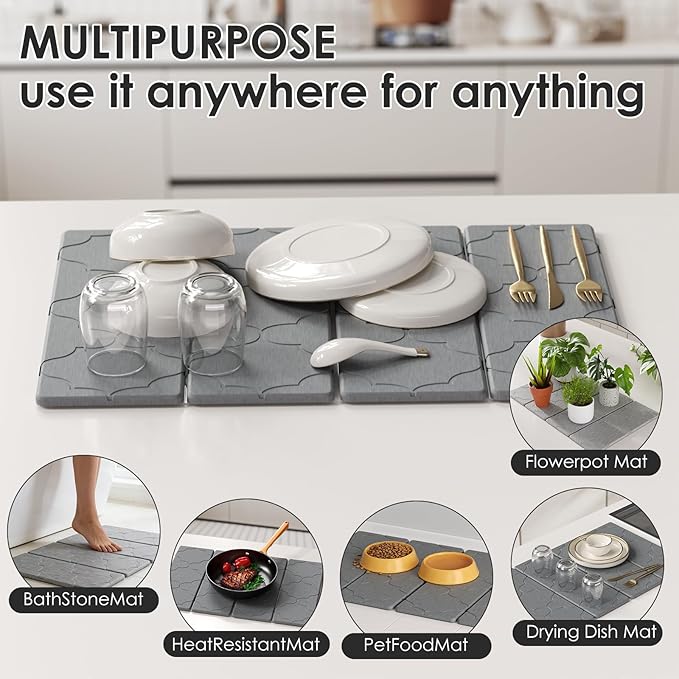 3 PCS Large Stone Dish Drying Mat for Kitchen Counter -24x16 Absorbent Diatomaceous Earth Mat with Stone Faucet Mat &amp Soap Tray - Quick Dry Collapsible Non-Slip Countertop Organizer