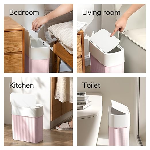 Bathroom Trash Can with Lid 12L Small Plastic Garbage Can for Kitchen with Press Top Lid 3.2 Gallon Slim Dog Proof Wastebasket Trash Bin for Office Bedroom Living Room Home Cabinet-Pink