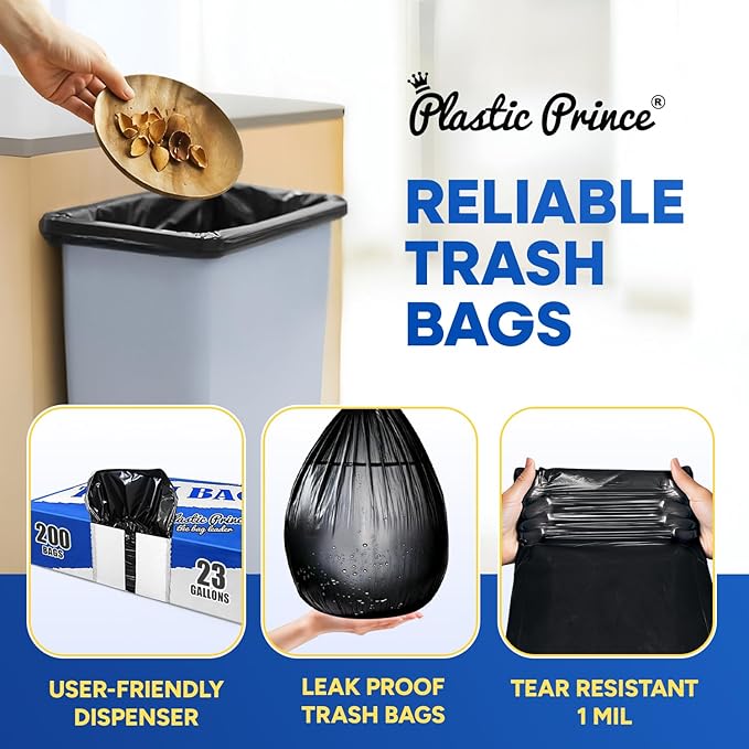 23 Gallon Trash Bags 1 Mil Black Waste Bags Fits Slim Jim 23 Gal Trash Cans 29 x 44 Tall Garbage Trash Can Liners 200 Pack