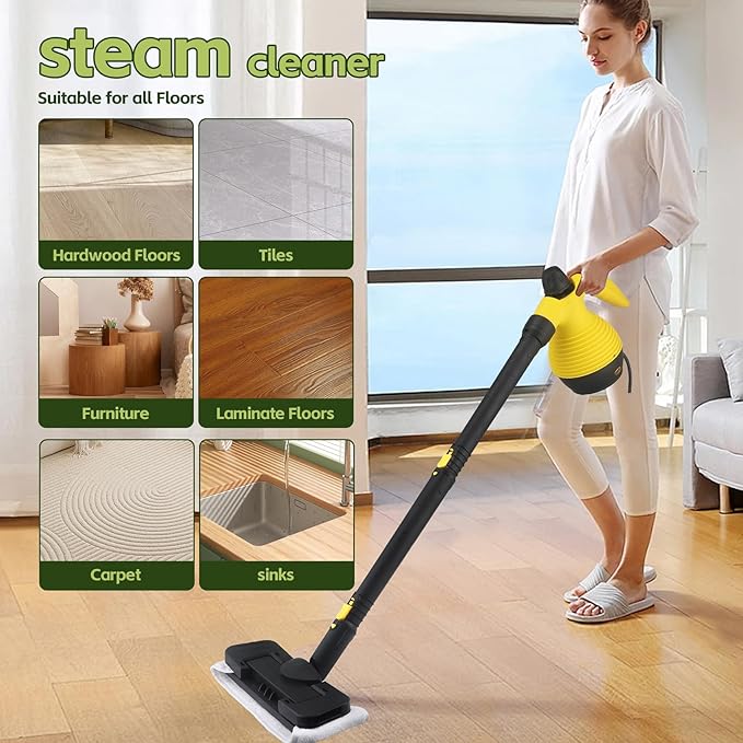 15-in-1 Multipurpose Steam Cleaner 1050W Handheld Steamer &amp Steam Mop with 16-Piece Kit 350ML Tank 30s Fast Heat-Up for Floors Windows Cars Bathroom Grills Sofa Cleaning(Yellow)