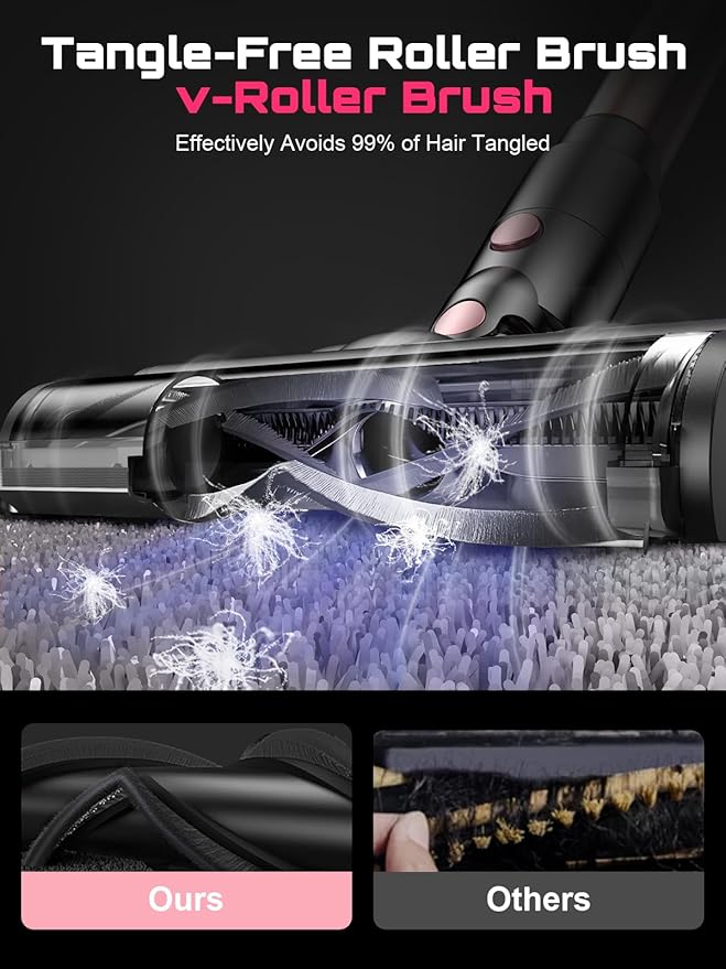 Cordless Vacuum Cleaner 10 in 1 Stick Vacuum with Powerful Suction Hose Green LED Light Anti-Tangle Brush Lightweight Rechargeable Vacuum Cleaner for Home Hardwood Floors Carpets Pet HairPink