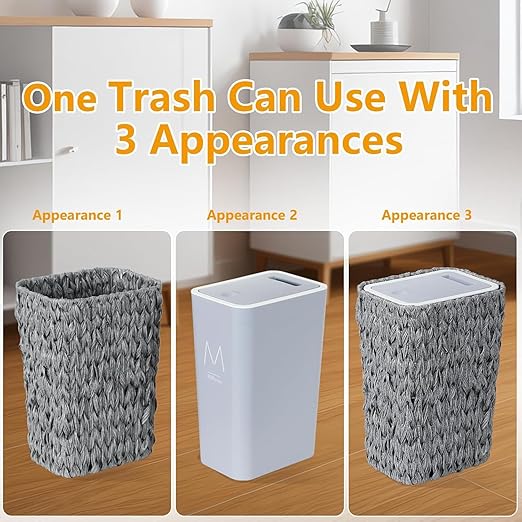 Bathroom Small Trash Can with Lid2.6 Gallon Small Rattan Garbage Can with Press Top LidDouble Deck Slim Wicker Wastebasket Trash Can for BathroomKitchenOfficeLiving RoomBedroom Gray