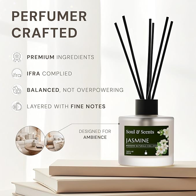 Soul &amp Scents Reed Diffuser Set – Jasmine | 7.43 oz Refillable Scented Oil with 6 Fiber Sticks | Long-Lasting Home Fragrance &amp Air Freshener for Bedroom Bathroom Office | Gift &amp Décor Pi