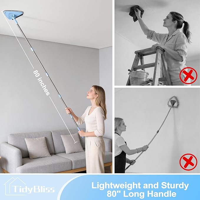 Wall Cleaner Mop with 80” Long Handle 360° Swivel Ceiling Duster Scrubber with Collapsible Head Baseboard Cleaning Tool with 4 Chenille and 2 Microfiber Pads for Windows Floor (Blue)