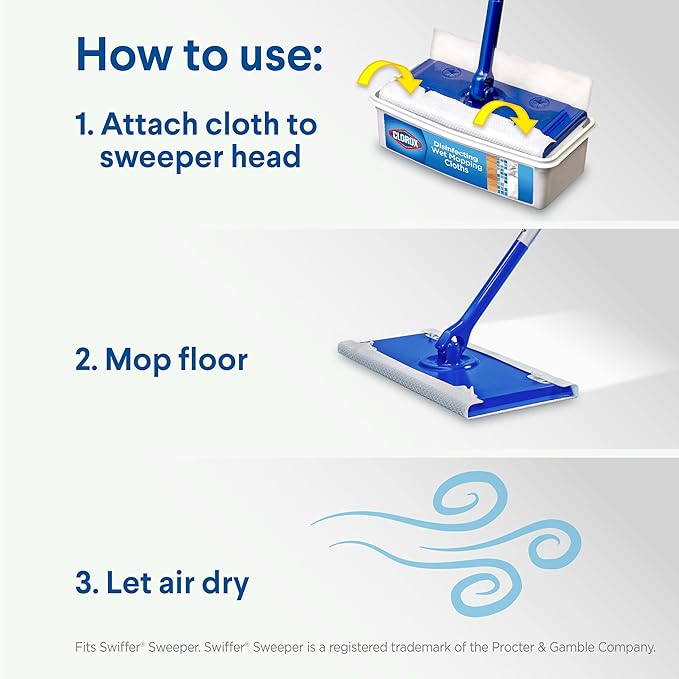 Clorox Disinfecting Wet Mop Pad Disposable Mop Heads Multi-Surface Floor Wipes Rain Clean 2 Packs 24 Wet Refills Per Pack (Package May Vary)