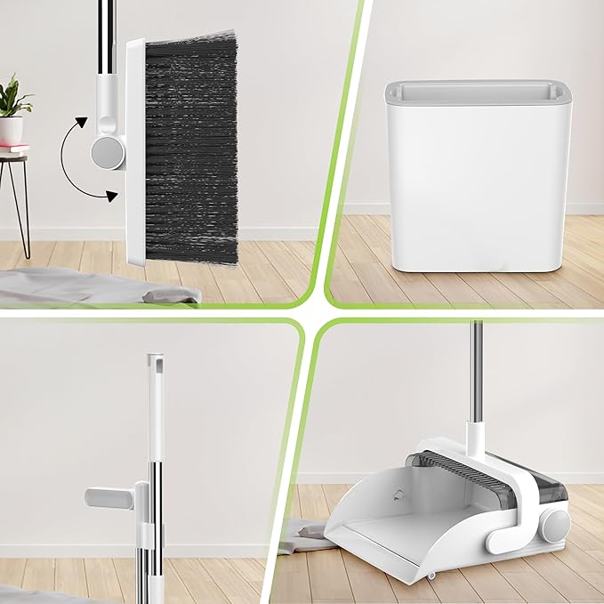 DustDockPro: Broom and Dustpan Set with Trashcan - Long Handle Upright Dust Pan with Teeth Comb Angled Bristles for Pet Hair Removal Compact Cleaning Kit for Kitchen Home Tiles Hard Floors