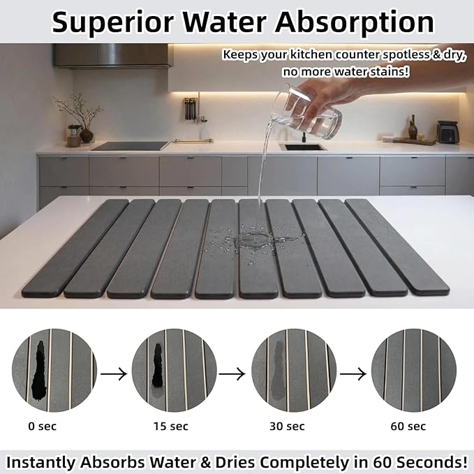 Large Stone Dish Drying Mat for Kitchen Counter Sink Bathtub Diatomaceous Earth Food Grade Super Absorbent Self-Drying Fast Dry Foldable Easy-to-Clean Eco-Friendly Drying Pad 24×16 Dark Gray