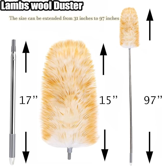 Feathers Duster 97 Long Telescoping Lambswool Duster with Bendable Wool Head - Ultra-Thick Stainless Steel Extension Pole for Cleaning