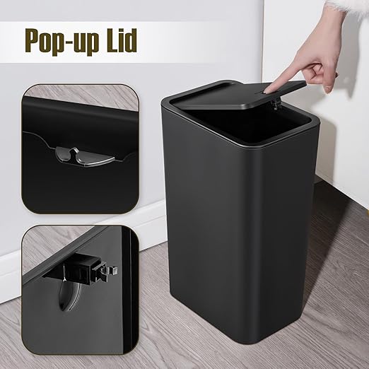 TrashAid 2 Pack Bathroom Trash Can with Lid 2.6 Gallon / 10 Liter Small Garbage Can with Press Top Lid Plastic Wastebasket with Pop-up Lids for Toilet Office Bedroom Living Room Black