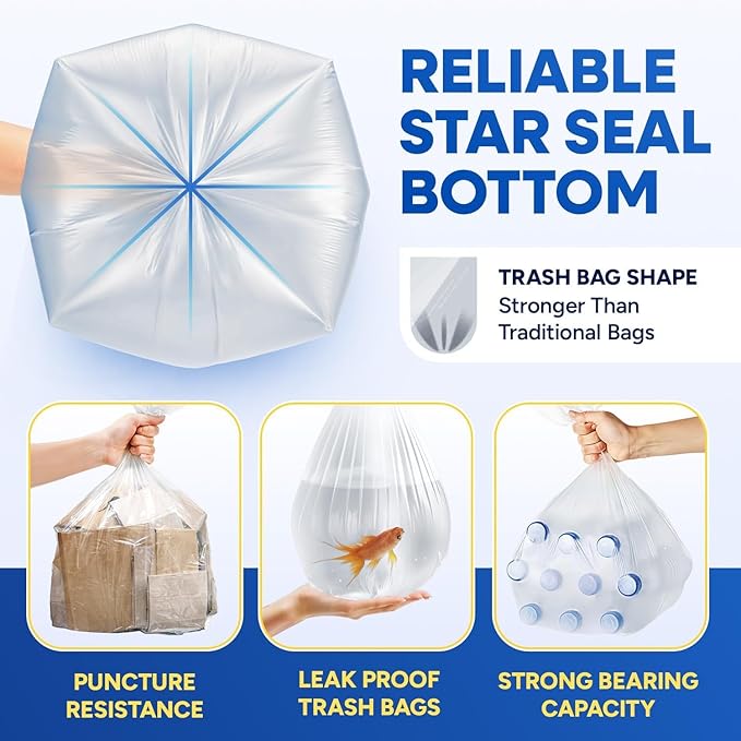 Plexon 40-45 Gallon Trash Bags Clear High-Density 22 Micron 40W × 48L Heavy Duty Garbage Bags Pack of 150 Puncture Resistant Ideal for Businesses and Facilities
