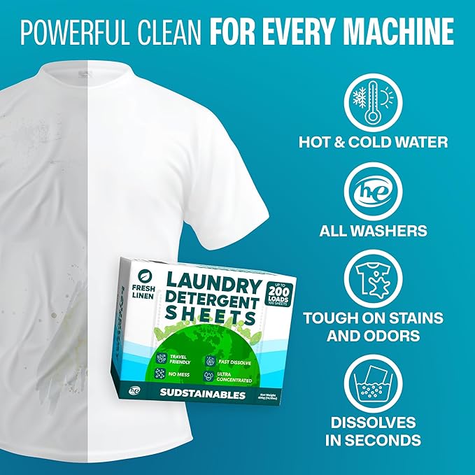 Sudstainables Laundry Detergent Sheets 200 Loads – Dissolvable Laundry Sheet for Washing Machines Compact Alternative to Liquid &amp Powder Detergent Travel-Friendly Soap | Fresh Linen