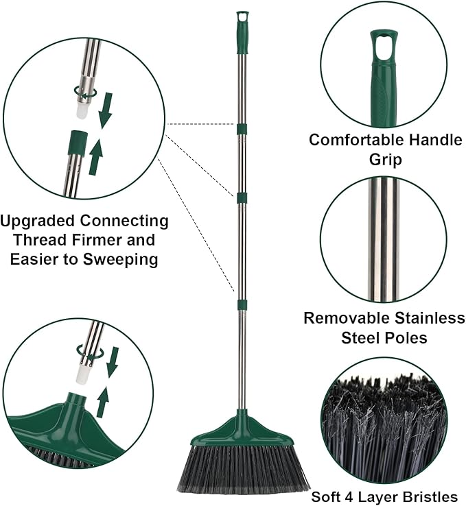 4 PCS Heavy Duty Broom Outdoor/Indoor Commercial Broom with 61 Long HandlePerfect for Home Garage Kitchen Office Lobby Room FloorBlack and Green