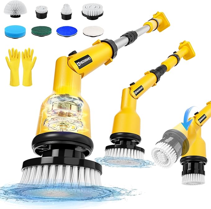 Electric Spin Scrubber Compatible for DeWalt 20V Battery(Battery NOT Included) 1000 RPM Battery Powered Scrubber with Adjustable Extension Arm &amp 8 Brushes &amp Hook Gloves for Tub/Tile/Floor
