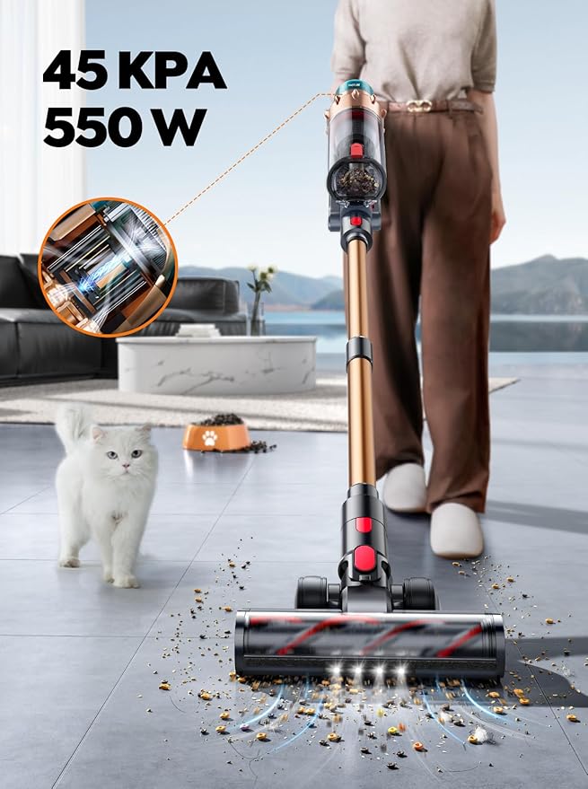 BLACKTK 550W Cordless Vacuum Cleaner 45KPA Strong Suction 60 Min Runtime Handheld Vacuum for Carpet &amp Hard Floor Lightweight Stick Vacuum with Detachable Battery Charging Stand for Home Pet