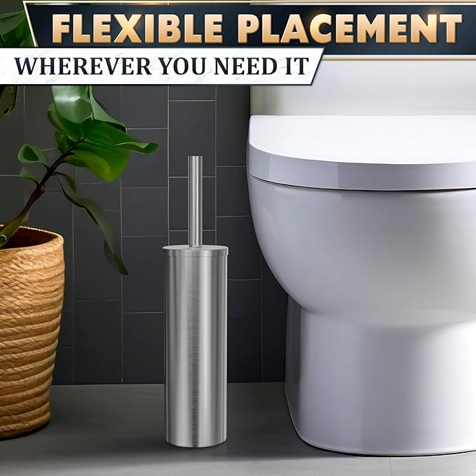 2 Pcs Stylish Stainless Steel Toilet Brush and Holder Set - Silver Toilet Bowl Brush and Holder with Splash Cover Sturdy Bristles Corrosion &amp Scratch Resistant - Elegant Design Effective Cleani