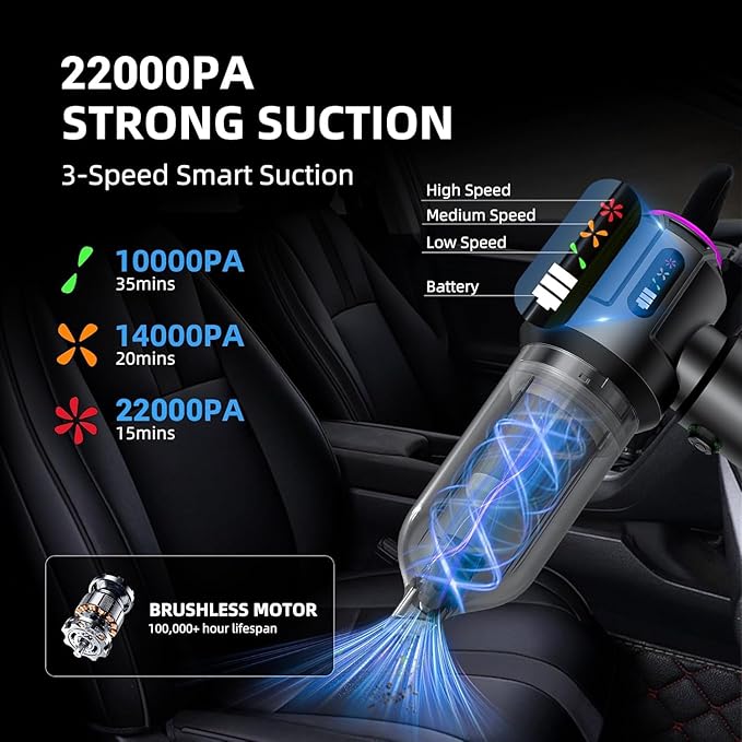 Cordless Vacuum Cleaner - 22000PA Handheld Car Vacuum 4-in-1 Portable Mini Air Duster Rechargeable 3-Speed Small Powerful Gadgets &amp Gifts for Home Office Mattress Carpet Pet (Black)