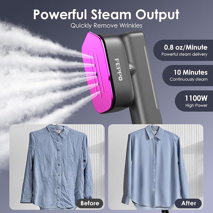 FEPPO Travel Steamer for Clothes 110-240V Dual Voltage Portable Steamer &amp Iron 2 in 1 Fast Heat Up 1100W Powerful Garment Steamer Large Ceramic Heat Panel for Home &amp Global &amp Europe Tr