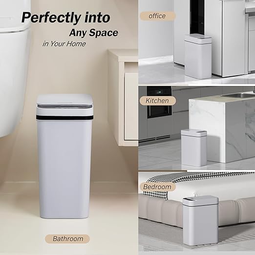 Bathroom Trash Can 2.6 Gallon Automatic Small Garbage Can with Lid Slim Motion Sensor Plastic Narrow Trash Bin for Bedroom Kitchen Office (A-Basic Battery Supply-Grey 1 Pack(2.6 Gallon))