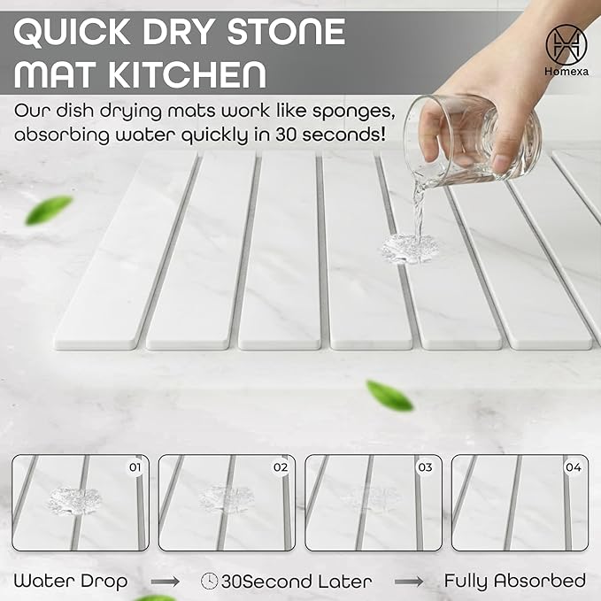 Large Stone Dish Drying Mat 24 x 16 – Quick Dry Diatomaceous Bath &amp Kitchen Mat with Non-Slip Base – Modern Absorbent Drying Pad for Plates Glassware &amp Bottles (Marbled White)