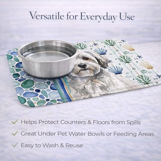 Caroline's Treasures White with Gray Coton de Tulear Coastal Sea Glass Dish Drying Mat Absorbent Dish Drying Mat Pad for Kitchen Counter Dish Drainer Mat for Countertop 14 x 21 Multicolor