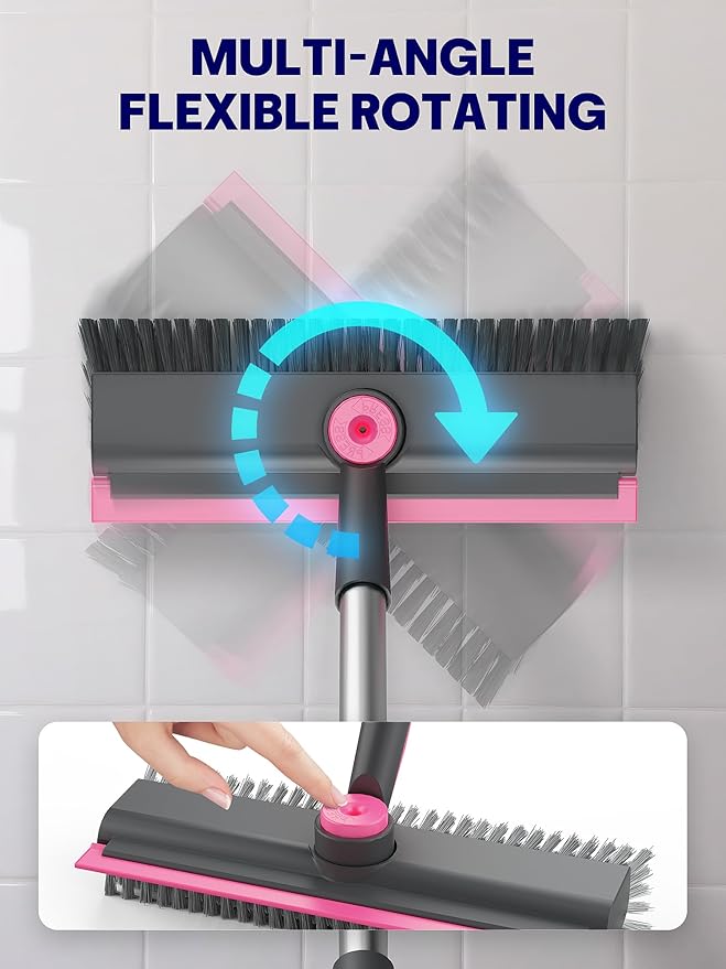 Floor Scrub Brush with Long Handle 3 in 1 Multi-angle Swivel Right Angled Bristle Floor Scrubber Brush with Squeegee and Tweezer for Tile Wall Deck Bathroom Patio Garage Kitchen (Pink and Grey)