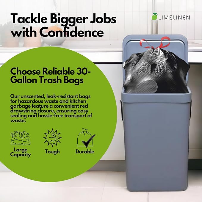 Mighty Flex 30 Gallon Trash Bags Drawstring 100ct Heavy-Duty Large Garbage Bags Ultra-Flexible Leak and Odor-Resistant Plastic Garbage Bags for Home and Commercial Use Unscented (Black)