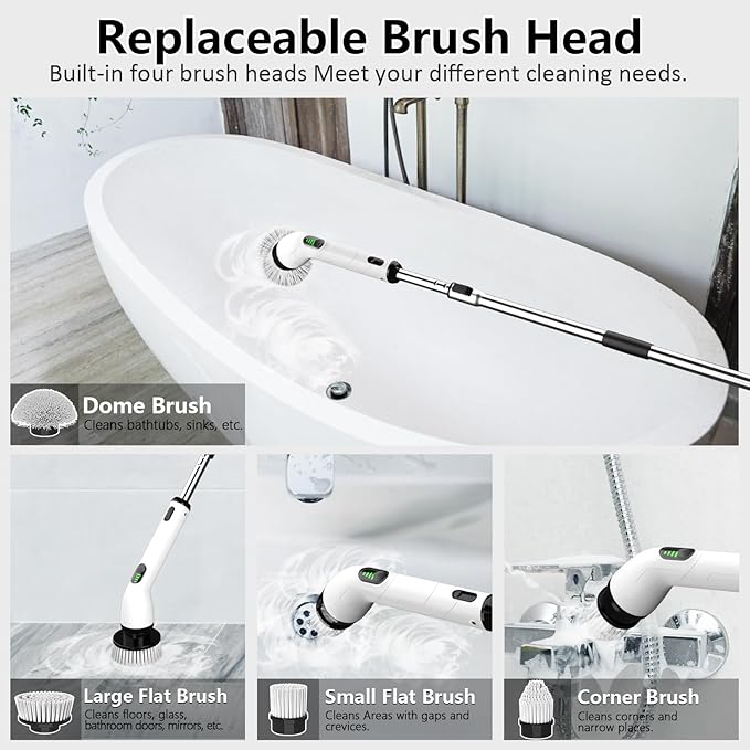 TUYU Electric Spin Scrubber Full-Body IPX7 Waterproof Bathroom Scrubber4 Replacement Head for Adjustable Extension Handle Electric Cleaning Brush for Bathroom Tub Tile