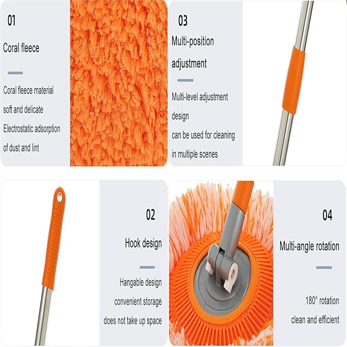 AQWEI 360° Rotatable Adjustable Cleaning Mop Extendable Wall Cleaning Mop 360° Rotating Extendable Sunflower Mop Replacement Microfiber Chenille Dust Mop Wall Head (Orange125cm)