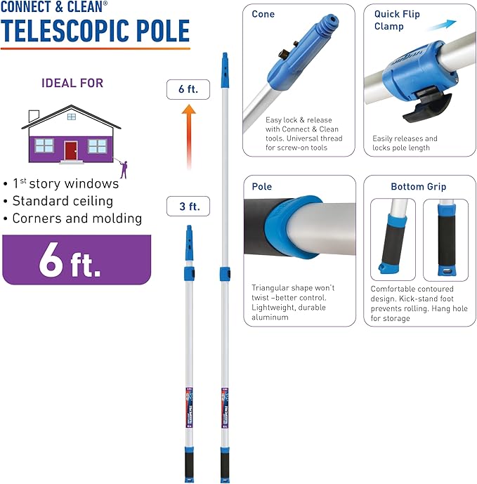Unger Professional Connect &amp Clean 3’-6’ Aluminum Telescopic Extension Pole with Locking Cone &amp Quick-Flip Clamp – Compatible with Cleaning Tool Attachments Window Cleaning &amp Dusting Tool