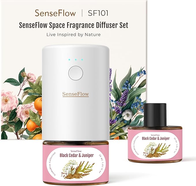 SF101 Pro Plug In Air Freshener Waterless Essential Oil Diffuser Non-Toxic Aroma Diffuser Adjustable 120-Day Natural Scent Mist Covers 1000 Sq Ft- Free 30ml Black Cedar &amp Juniper